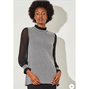 Ming Wang Chiffon Blouson Sleeve Soft Knit Tunic in Grey/Black Women’s Large